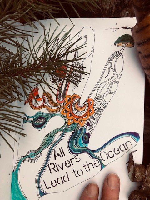 A colourful sketch of a hand that says All Rivers Lead to the Ocean.