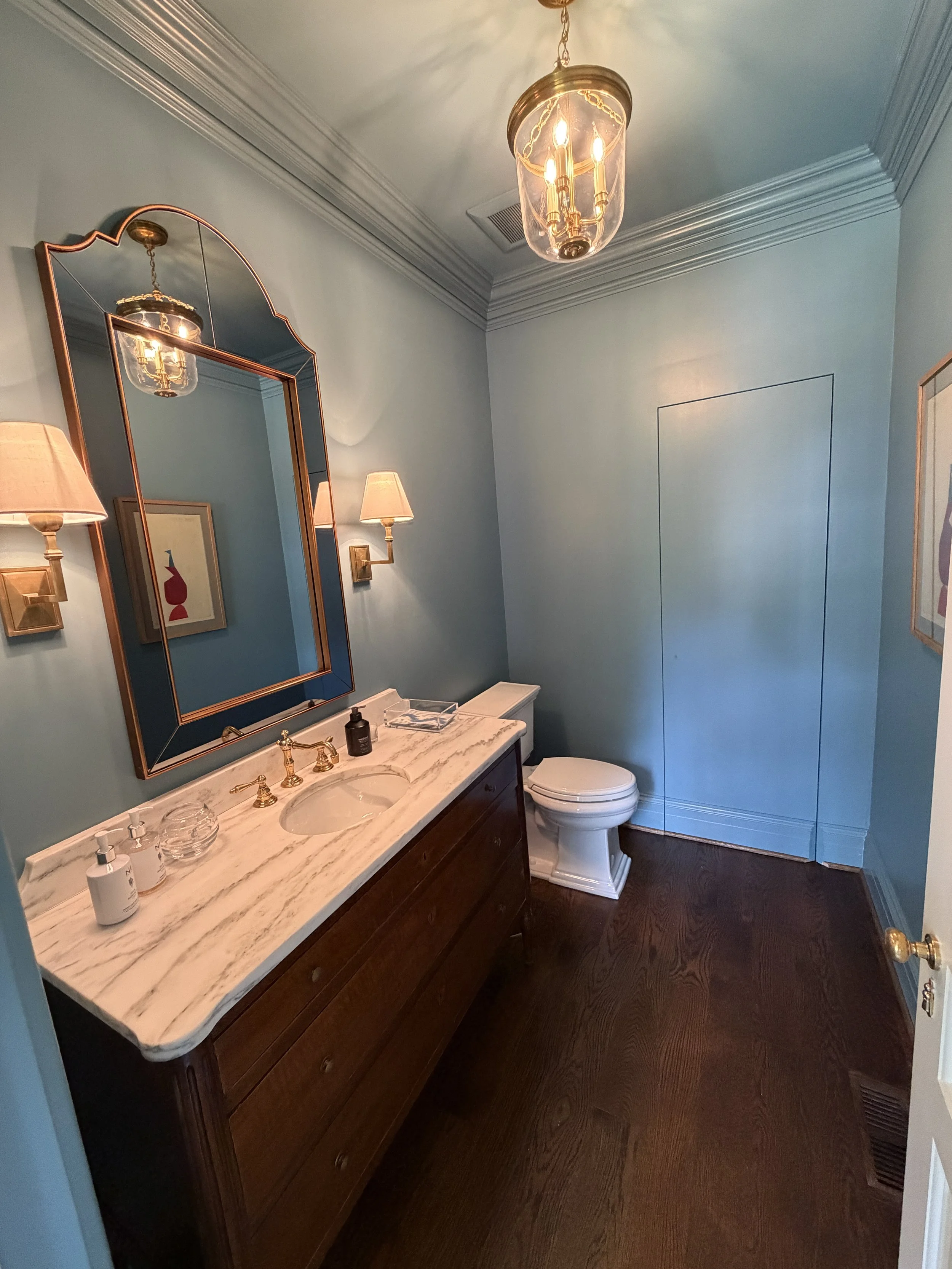 powder room color drenched in Farrow and Ball Stone Blue and A Jib Door, Indian hills