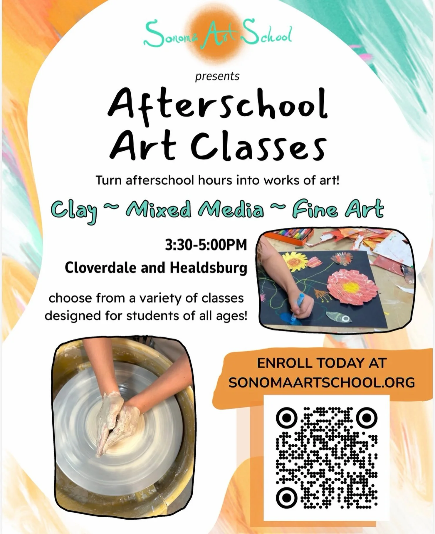AFTERSCHOOL ART = THE BEST KIND OF AFTERSCHOOL. 

Looking for something creative, hands-on, and actually FUN for your kiddos after school? Sonoma Art School is offering afterschool art classes in Cloverdale + Healdsburg!
✨ Clay
✨ Mixed Media
✨ Fine A