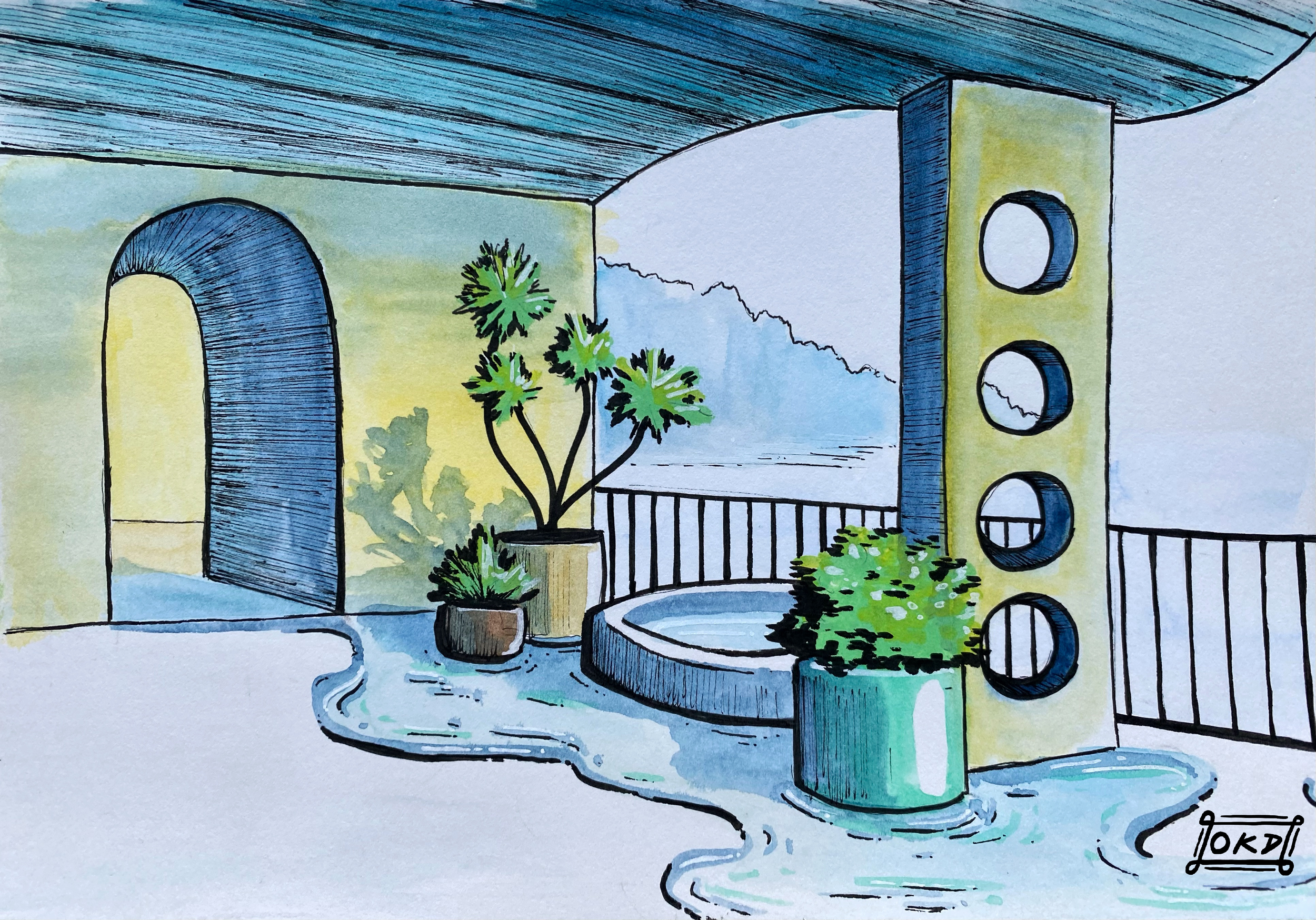 "Sunset Chamber"
Watercolor & Ink on Paper
5.5" x 8"
January 2025
Esalen Institute, Big Sur, CA