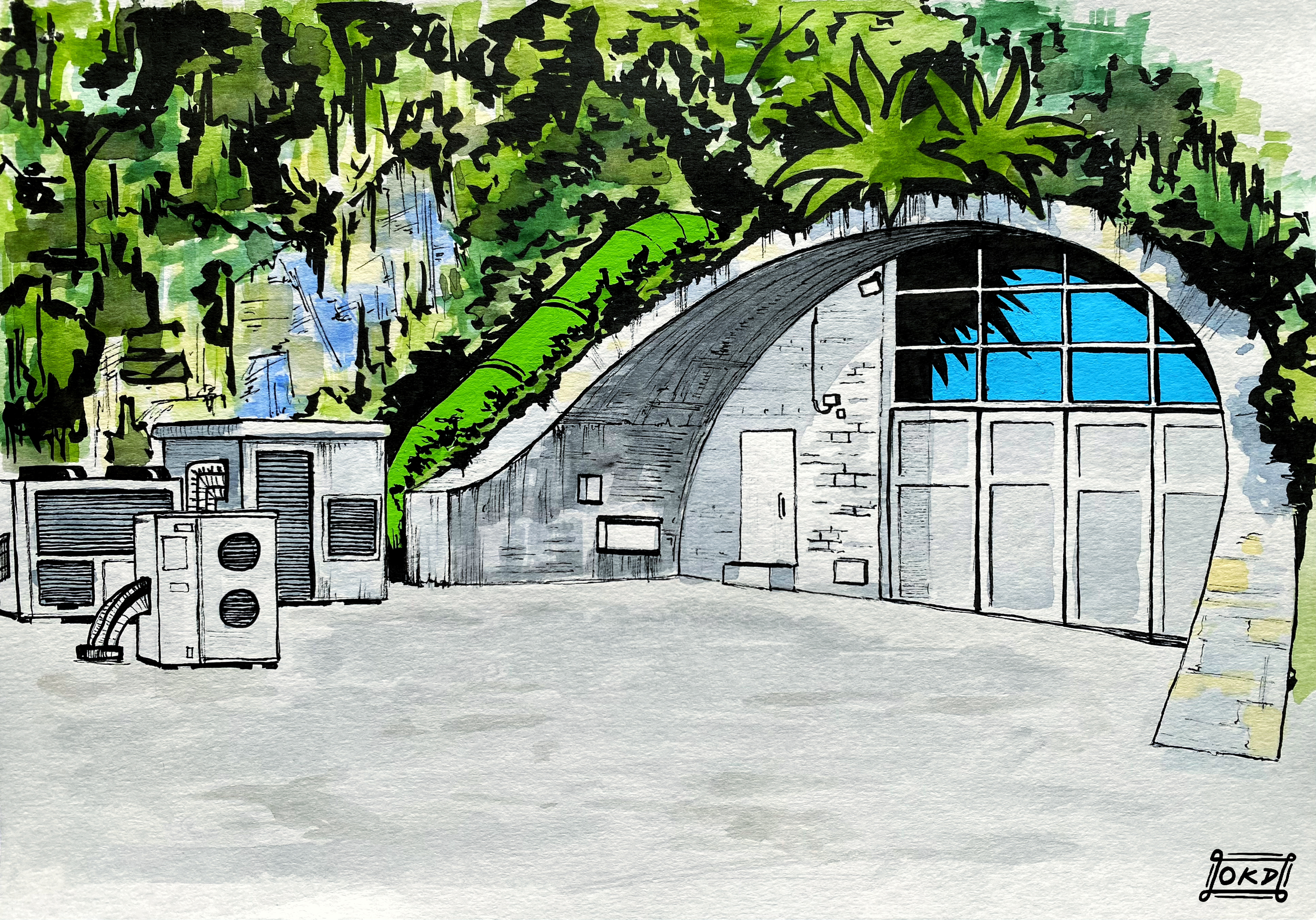 "Hillside Facility" Watercolor & Ink on Paper 7" x 10" April 2026 
