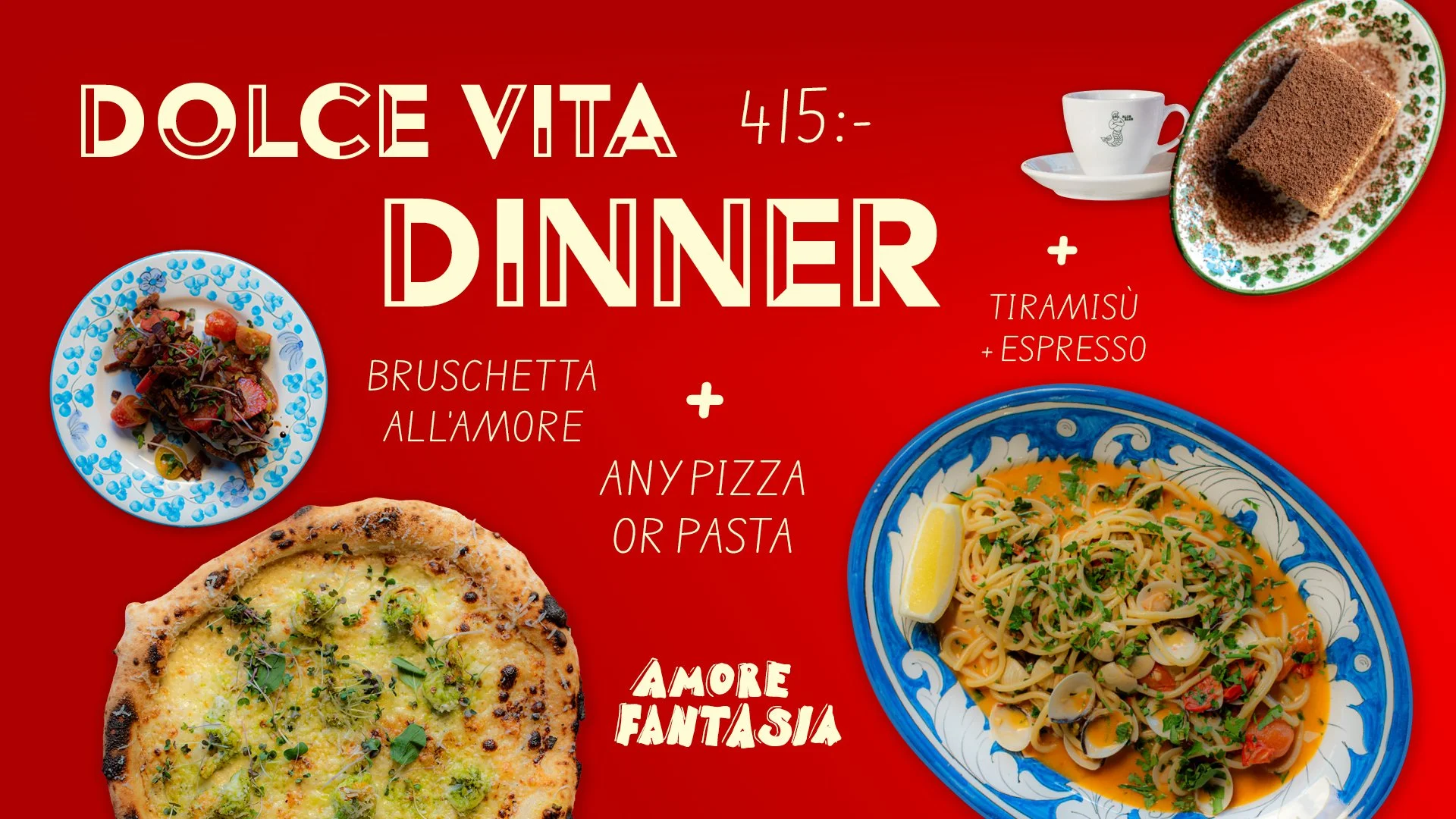 En reklam för restaurangmeny med bilder av pizza, pasta, tiramisù, espresso, bruscetta och en cappuccino, presenterad på en röd bakgrund.