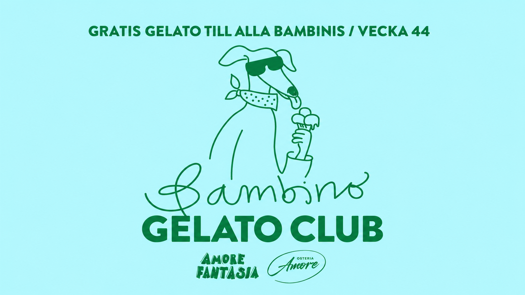 Väderleksrapport för vecka 44 med erbjudande om gratis gelato för barn, tecknad hund med solglasögon, skägg, bandana, som håller en glass.