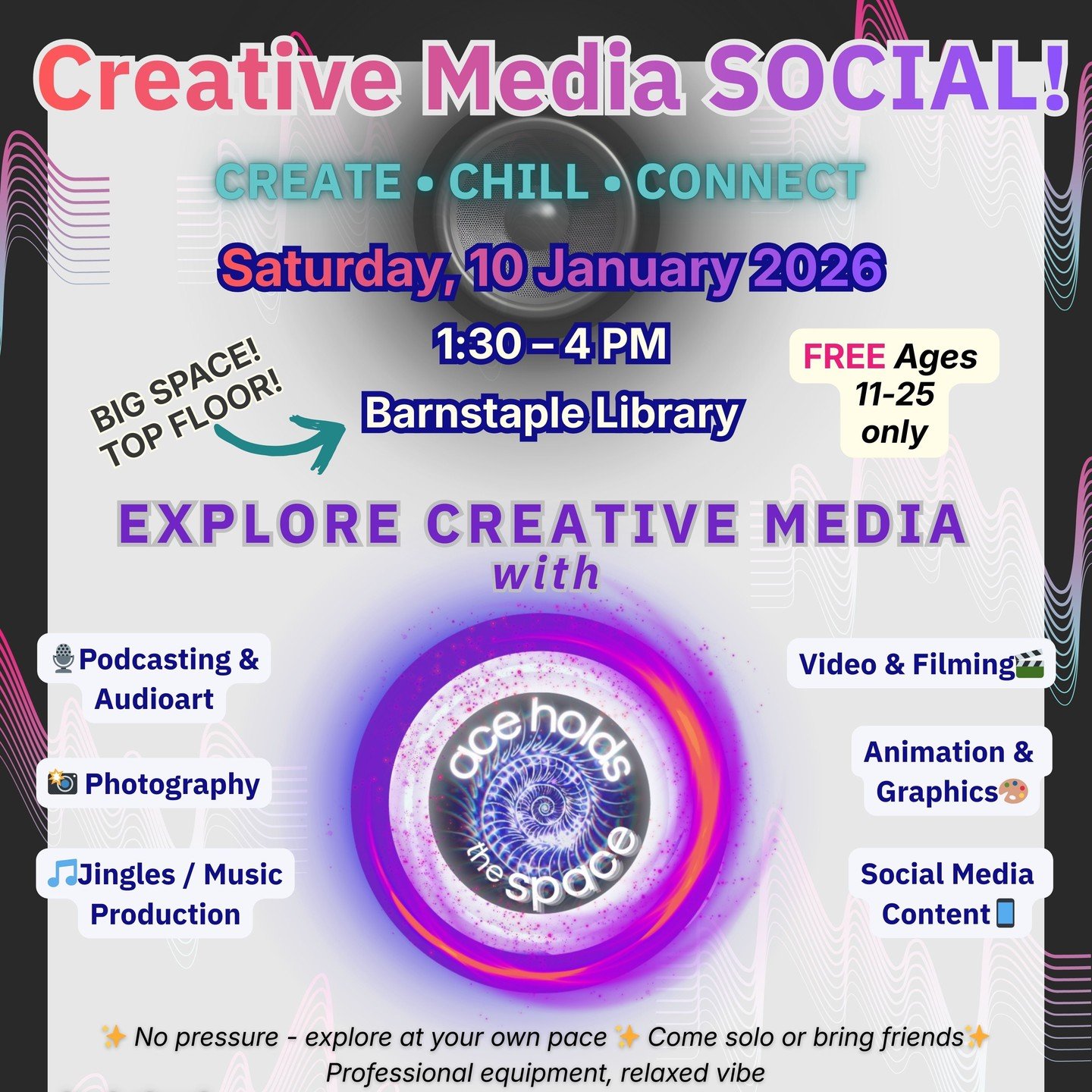 Looking for somewhere safe to hang out on a Saturday afternoon? 

💥Creative Media Social💫 brings professional creative equipment and relaxed, supportive spaces to accessible venues across North Devon. This time we're at the top floor of Barnstaple 