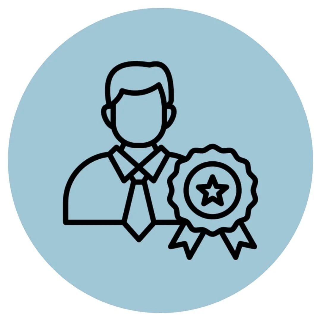 Outline illustration of a man in a suit with a tie, holding a badge with a star in the center, on a light blue circular background.