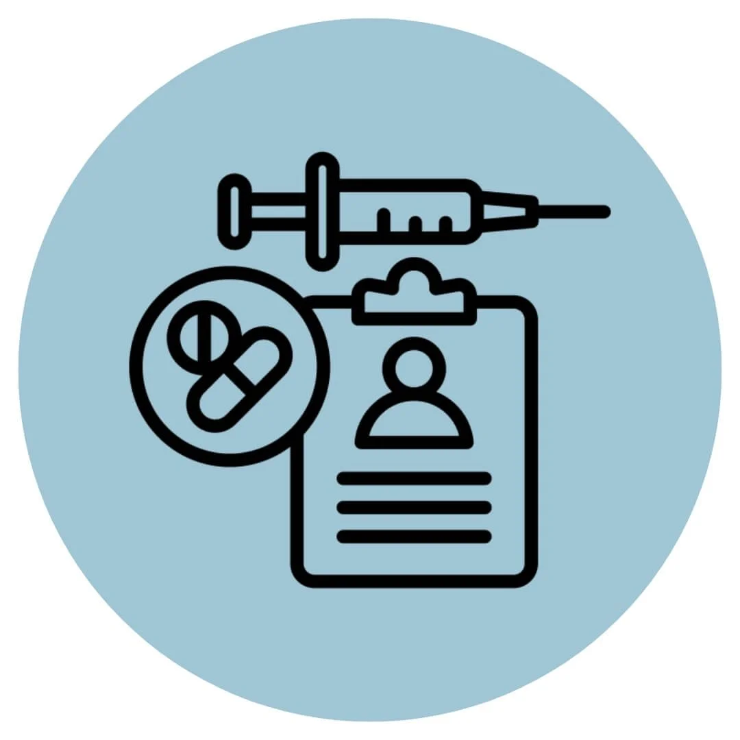 Medical equipment including a syringe, pill, and prescription bottle, along with a patient profile document.