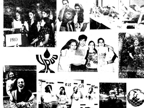 A collage of black-and-white photographs featuring groups of people engaging in various activities, including socializing, outdoor events, and performances.