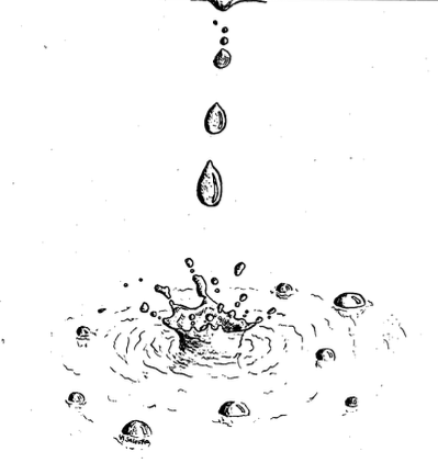 Illustration of water droplets falling into a body of water, creating ripples and splashes.