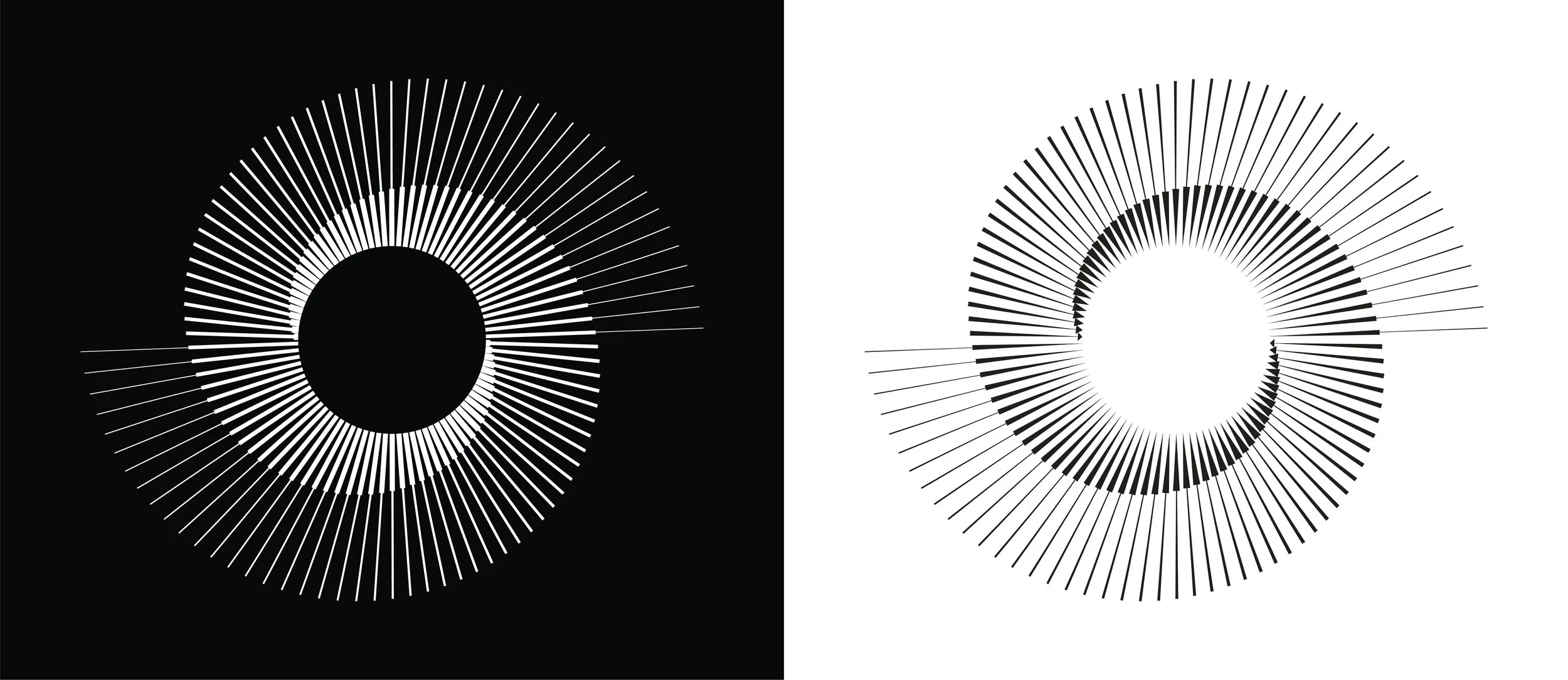 A circular digital art graphic split into two halves: the left half has a black background with white radial lines forming a ring, and the right half has a white background with black radial lines forming a ring.