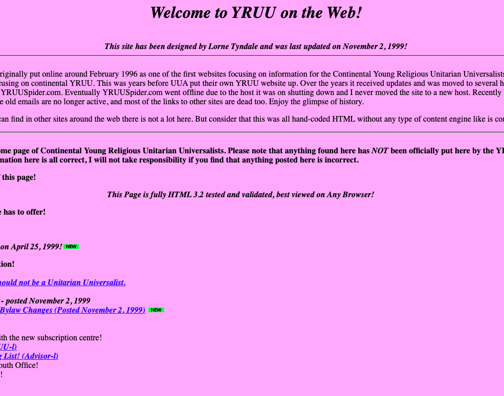 Screenshot of a website titled "Welcome to YRUU on the Web!" with a pink background, displaying historical information about the site, updates, and links related to the Continental Young Religious Unitarian Universalists organization, along with various announcements and updates from 1999.