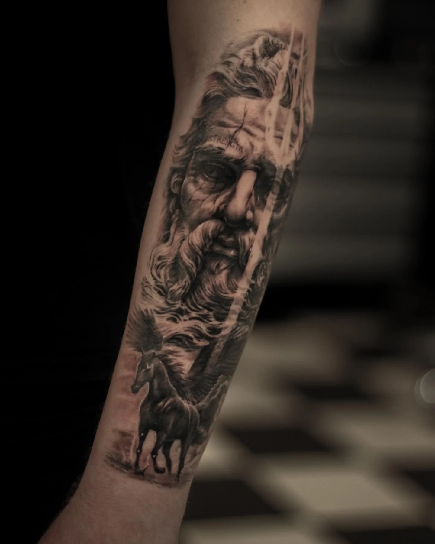 A old fellow on one good ol&rsquo; fellow! Thanks for the trust! 
Looking forward to continue this sleeve! 

.
.
.

#realistictattoo #Poseidontattoo #horsie #water #greekmythology