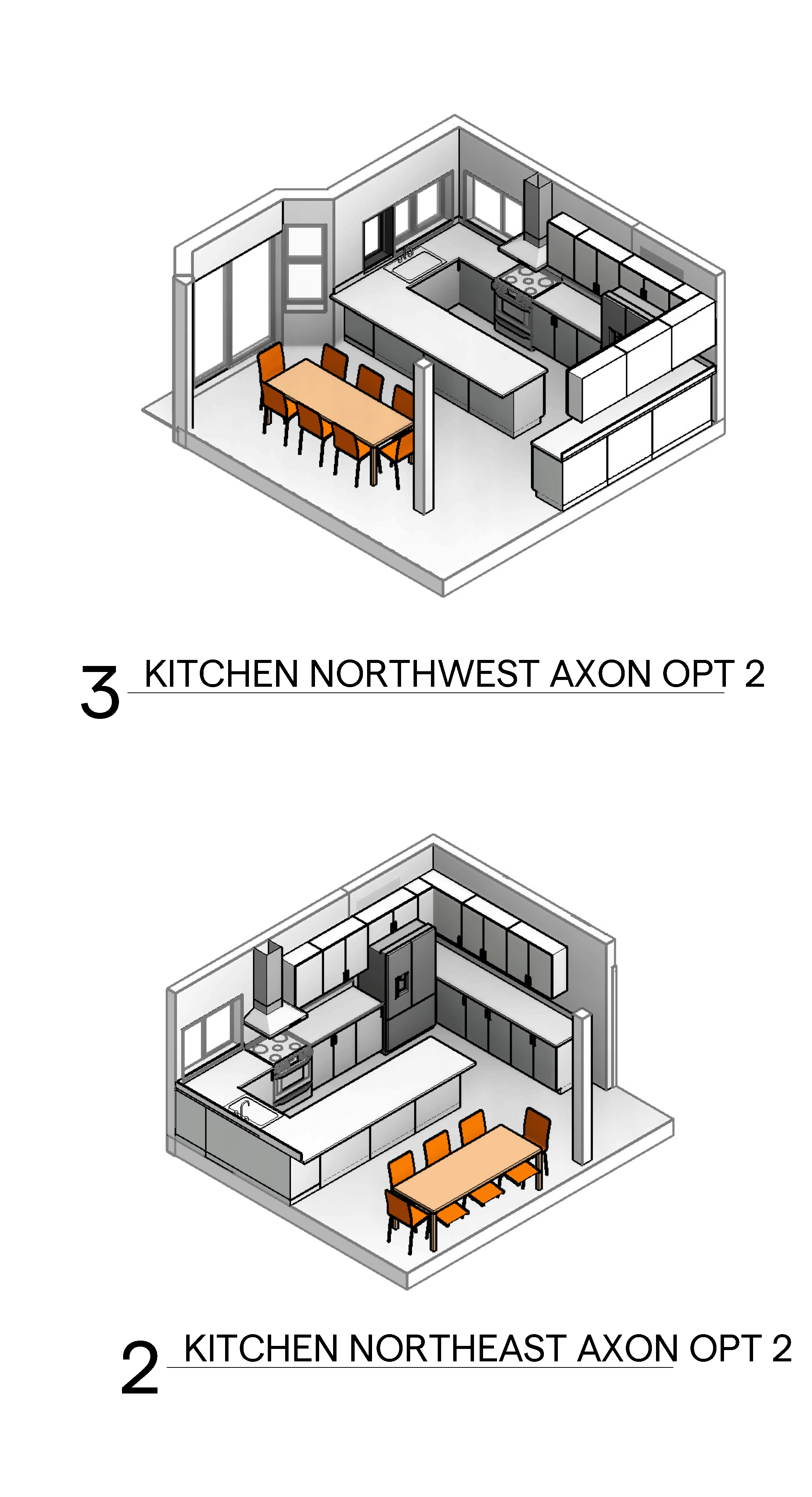 Kitchen Axon view diagrams exploring kitchen layout options, Solstice Design Studio