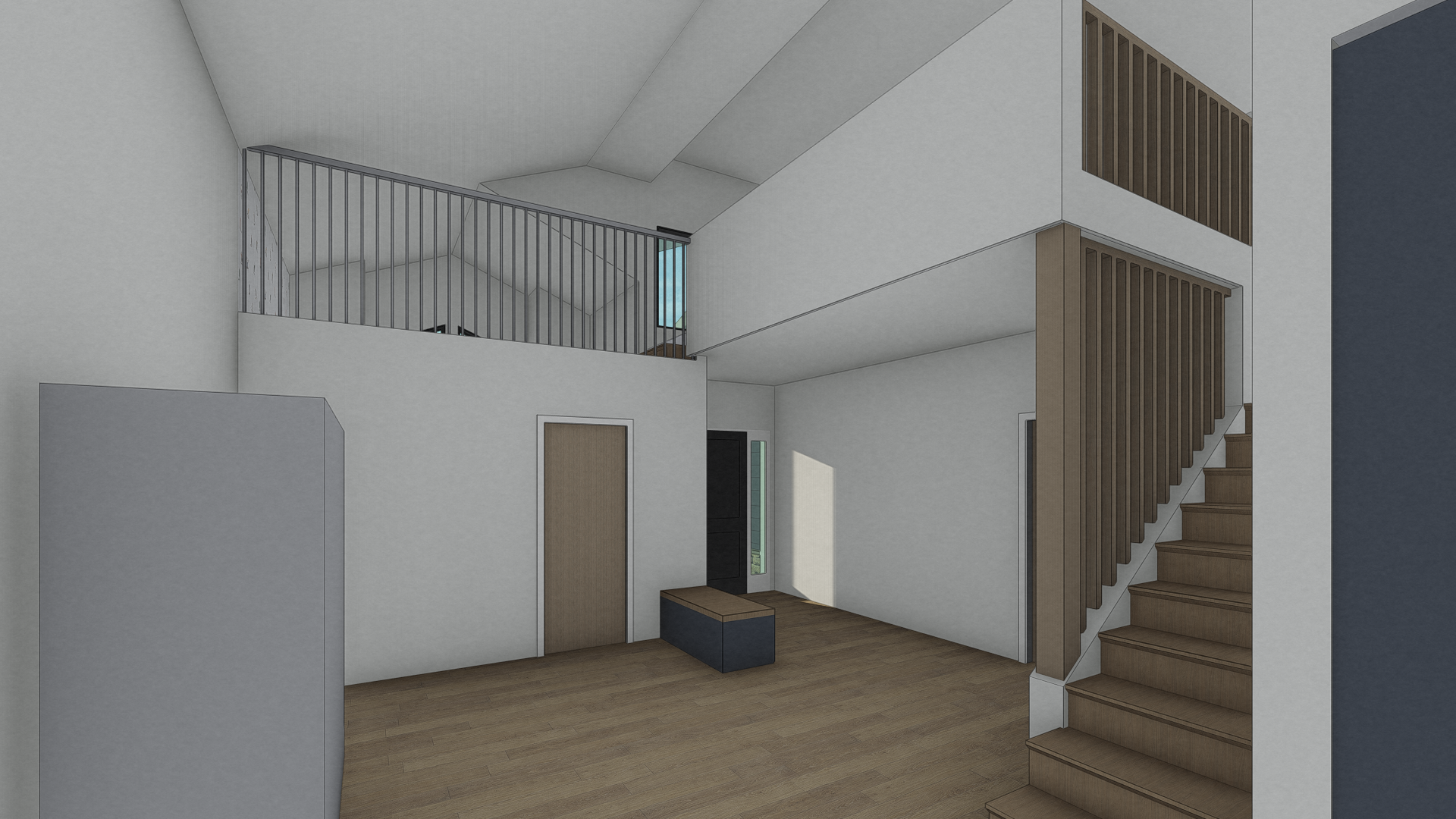 Design Development rendering of the interior of the home in the den looking at the new office and loft by Solstice Design Studio