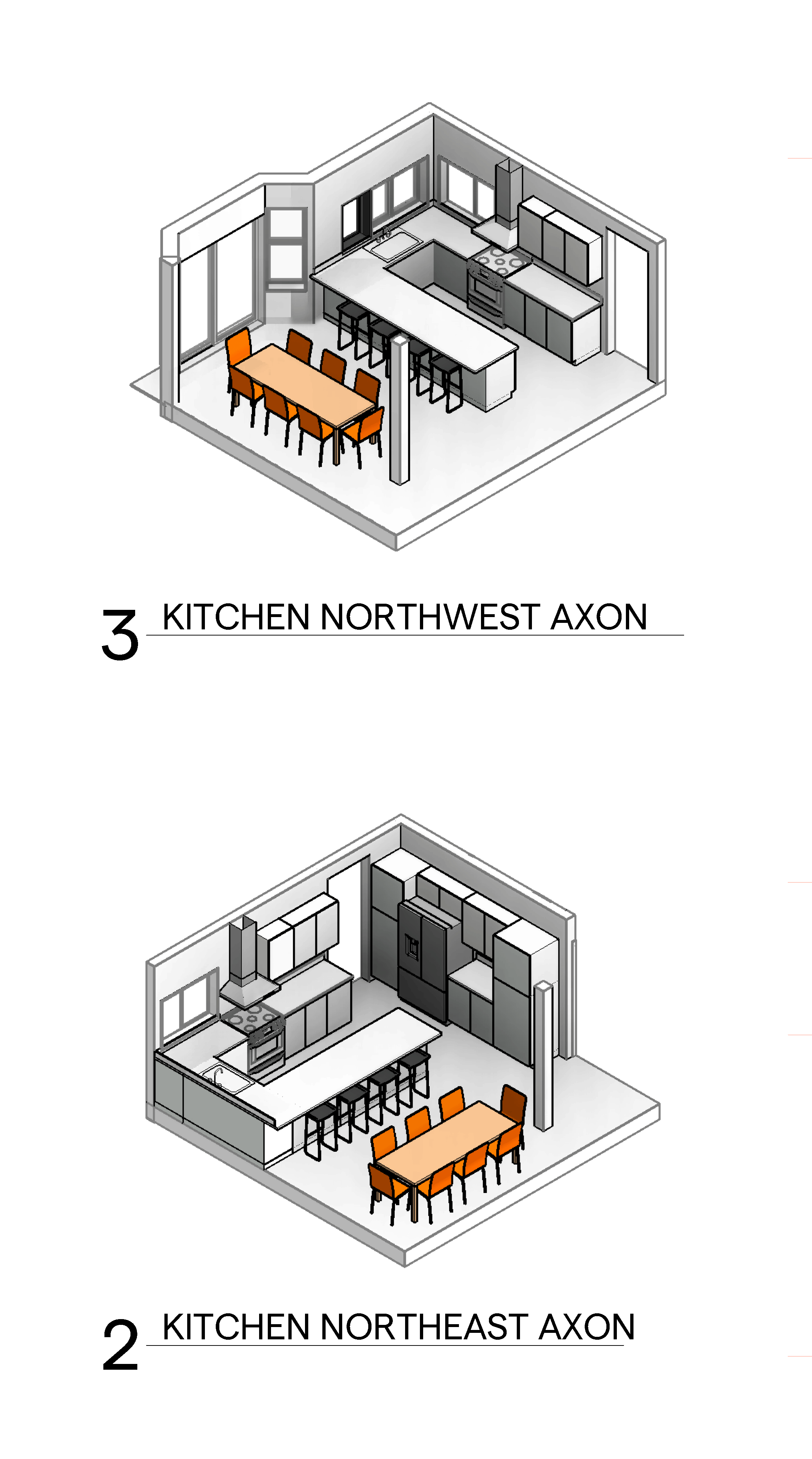 Kitchen Axon view diagrams exploring kitchen layout options, Solstice Design Studio