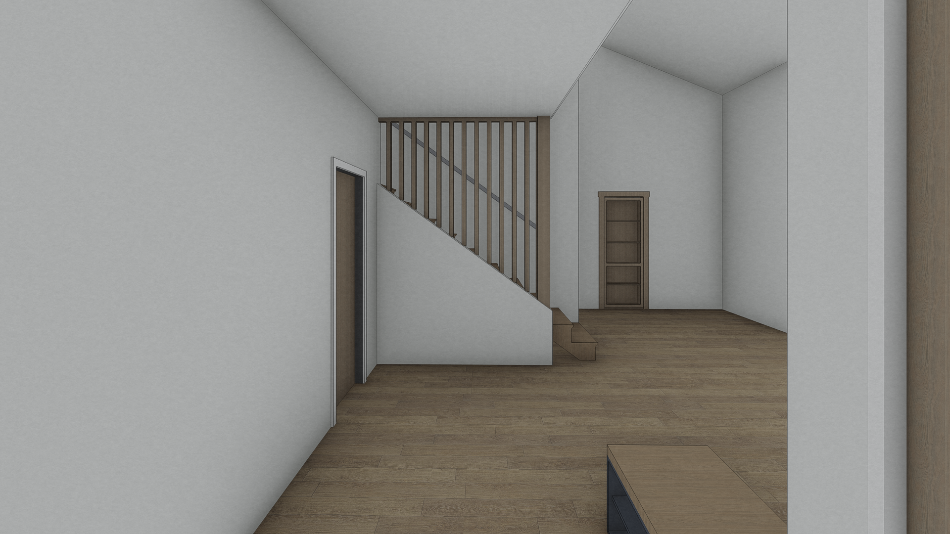 Design Development rendering of the interior of the home at the entry by Solstice Design Studio