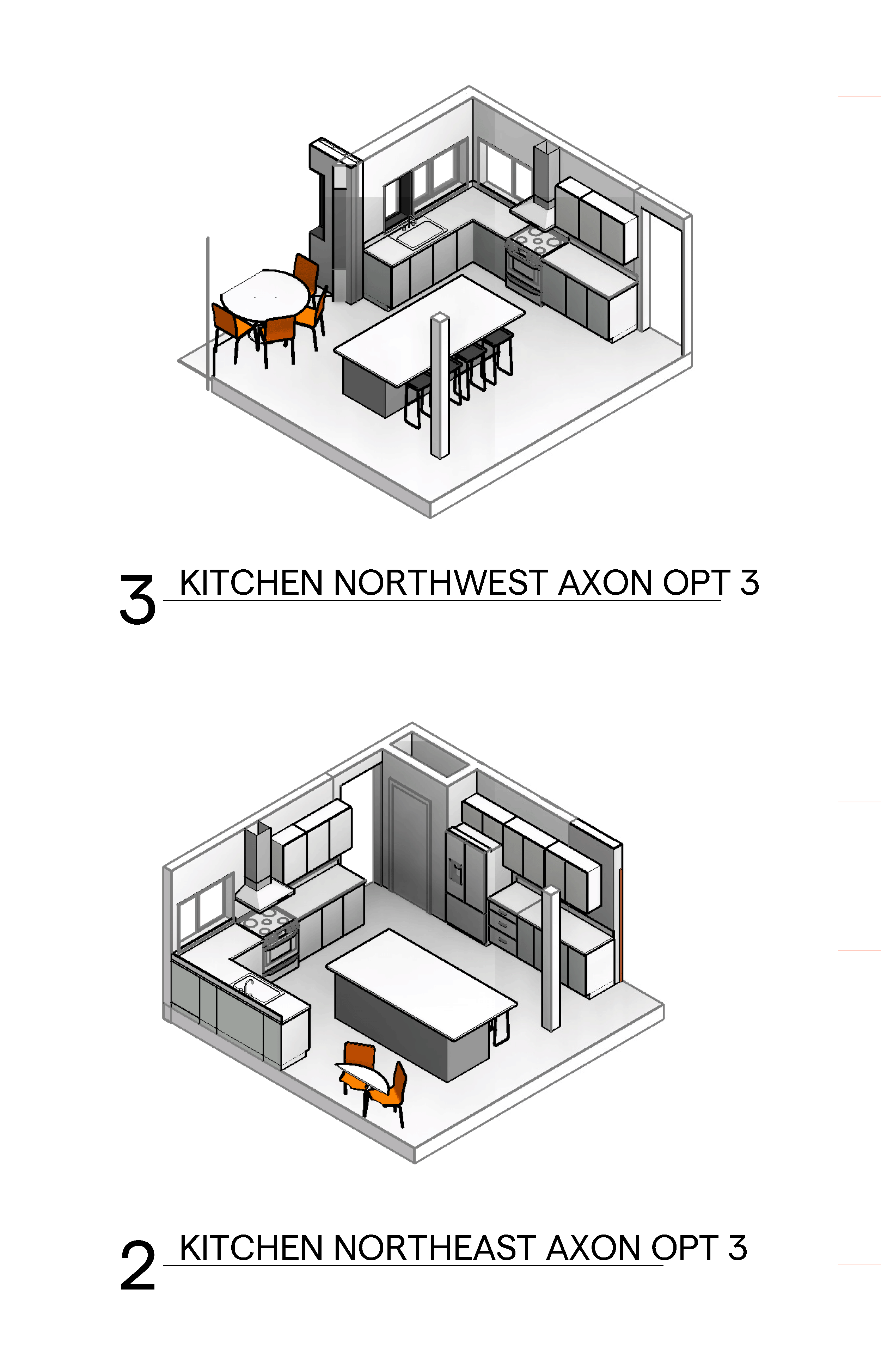 Kitchen Axon view diagrams exploring kitchen layout options, Solstice Design Studio