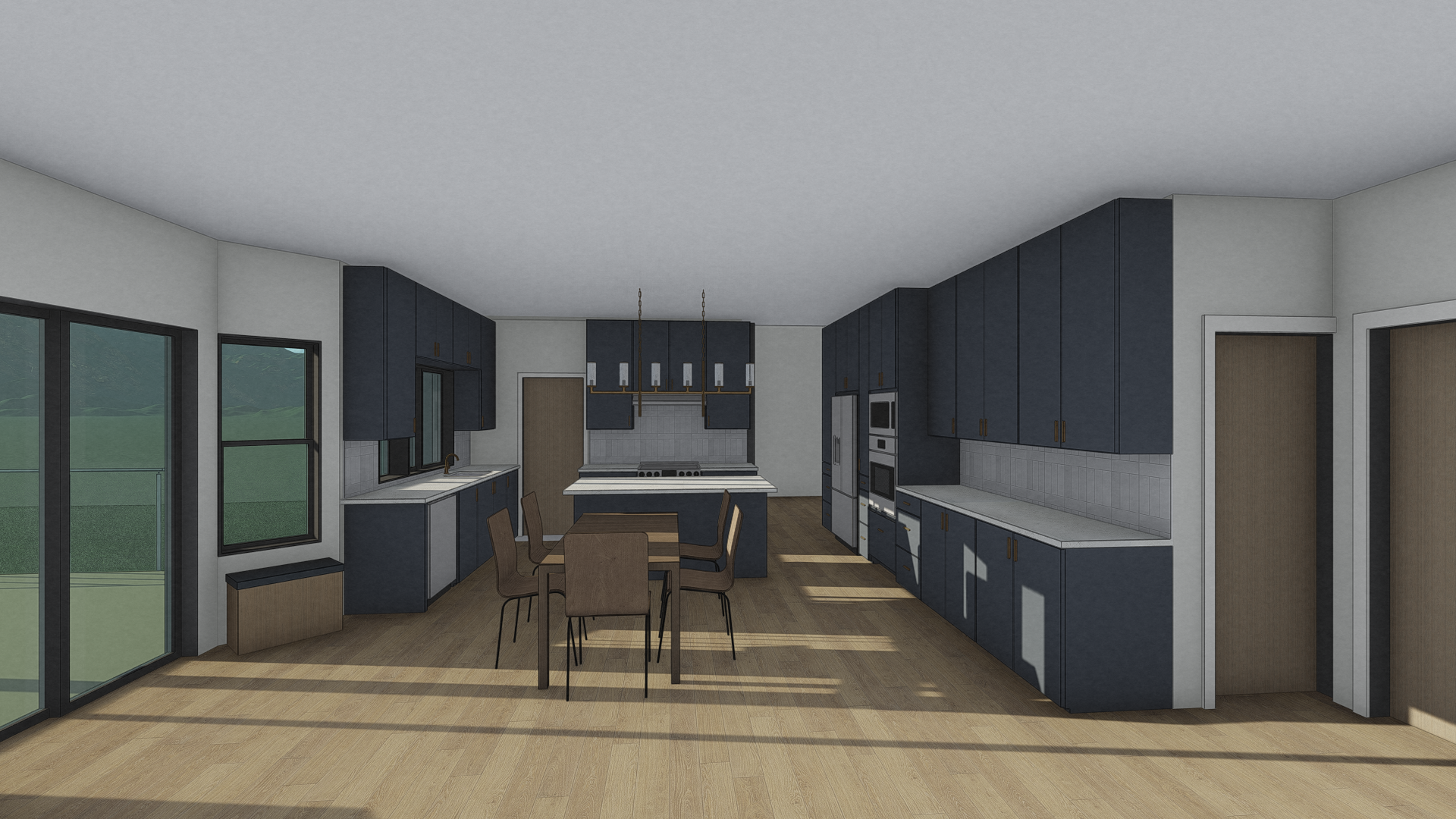 Design Development rendering of the interior of the home in the kitchen, dining area by Solstice Design Studio