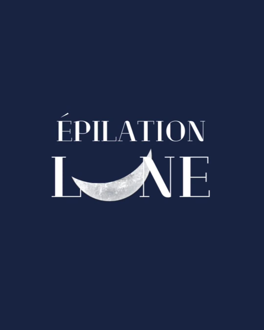 Dark blue background with white text reading 'ÉPILATION LONE' and a crescent moon in place of the letter 'O'.