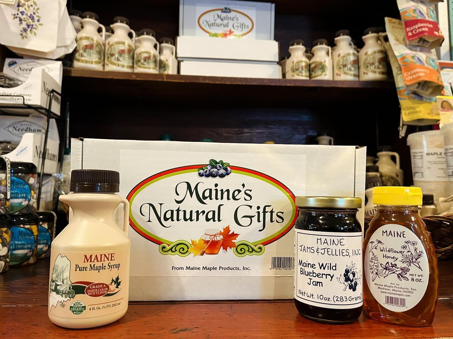Our tasty Maine gift box features wild Maine blueberry jam, delicious Maine maple syrup, and sweet Maine wildflower honey. 

All our favorite treats in one package!

Just add a stack of pancakes - blueberry, of course! 
 
Available in store and onlin