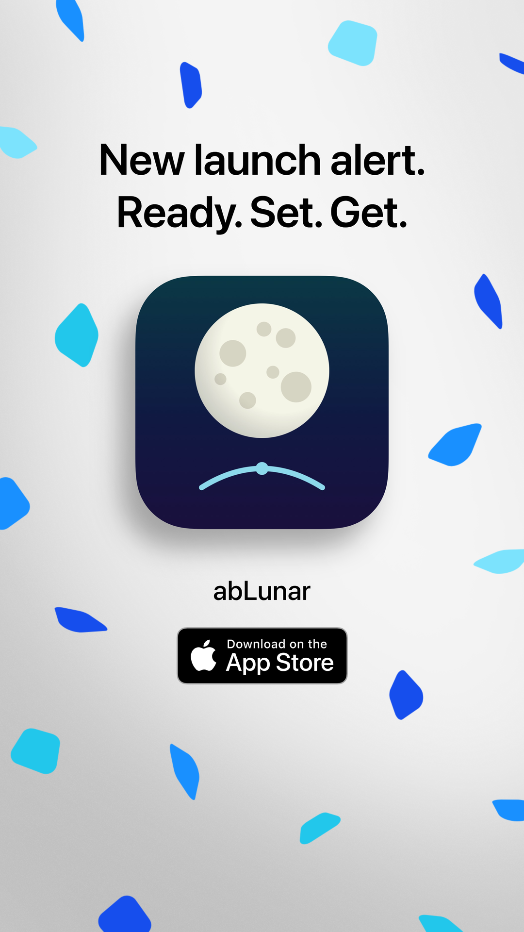 Announcement for a new lunar phase tracking app called abLunar, with a sad moon icon and an App Store download button, surrounded by blue confetti.