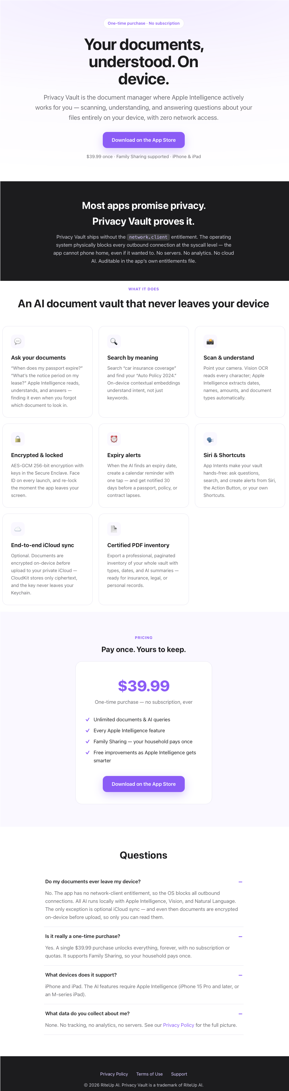 Screenshot of Privacy Vault webpage showing features, pricing, and questions about the app that manages documents on device without network access.