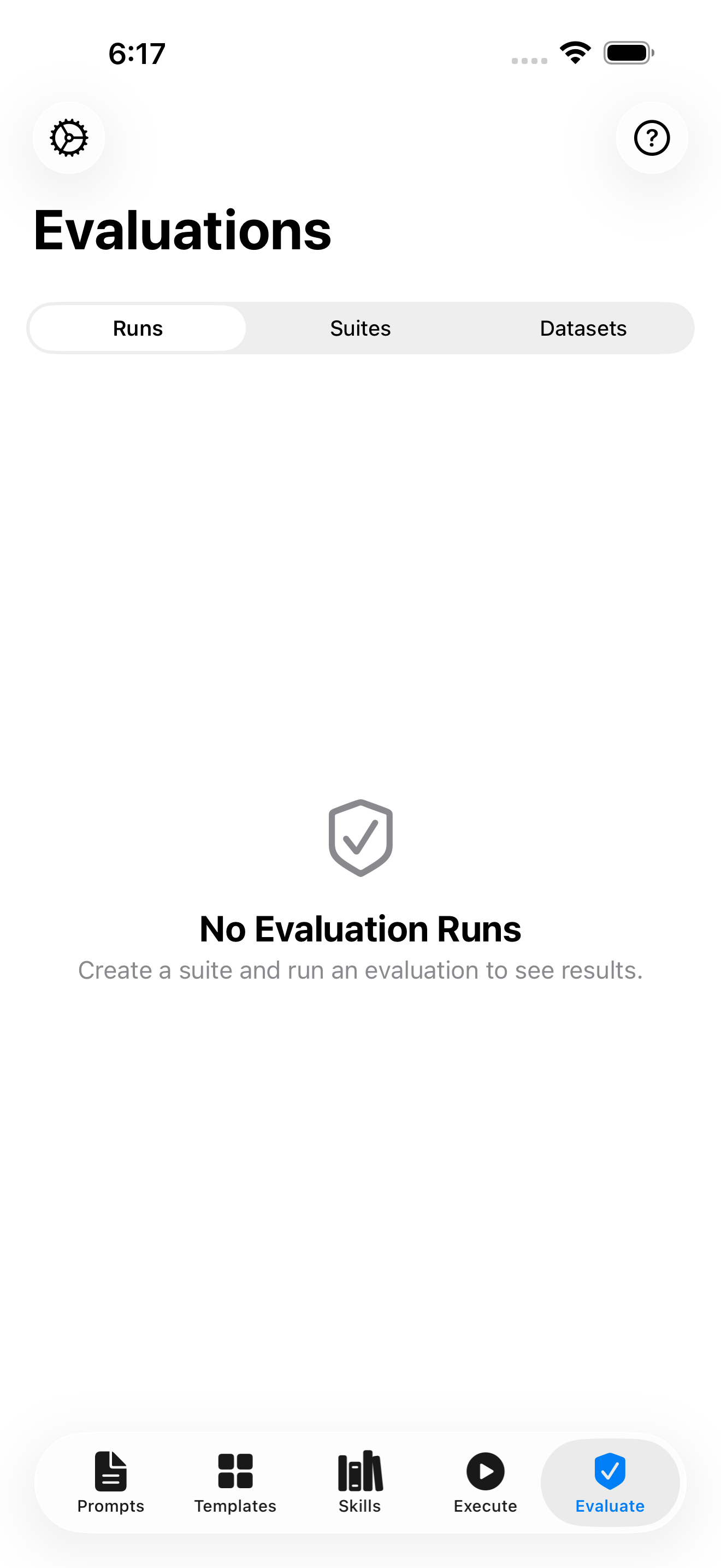 An evaluation suite run with per-version pass rates and scores