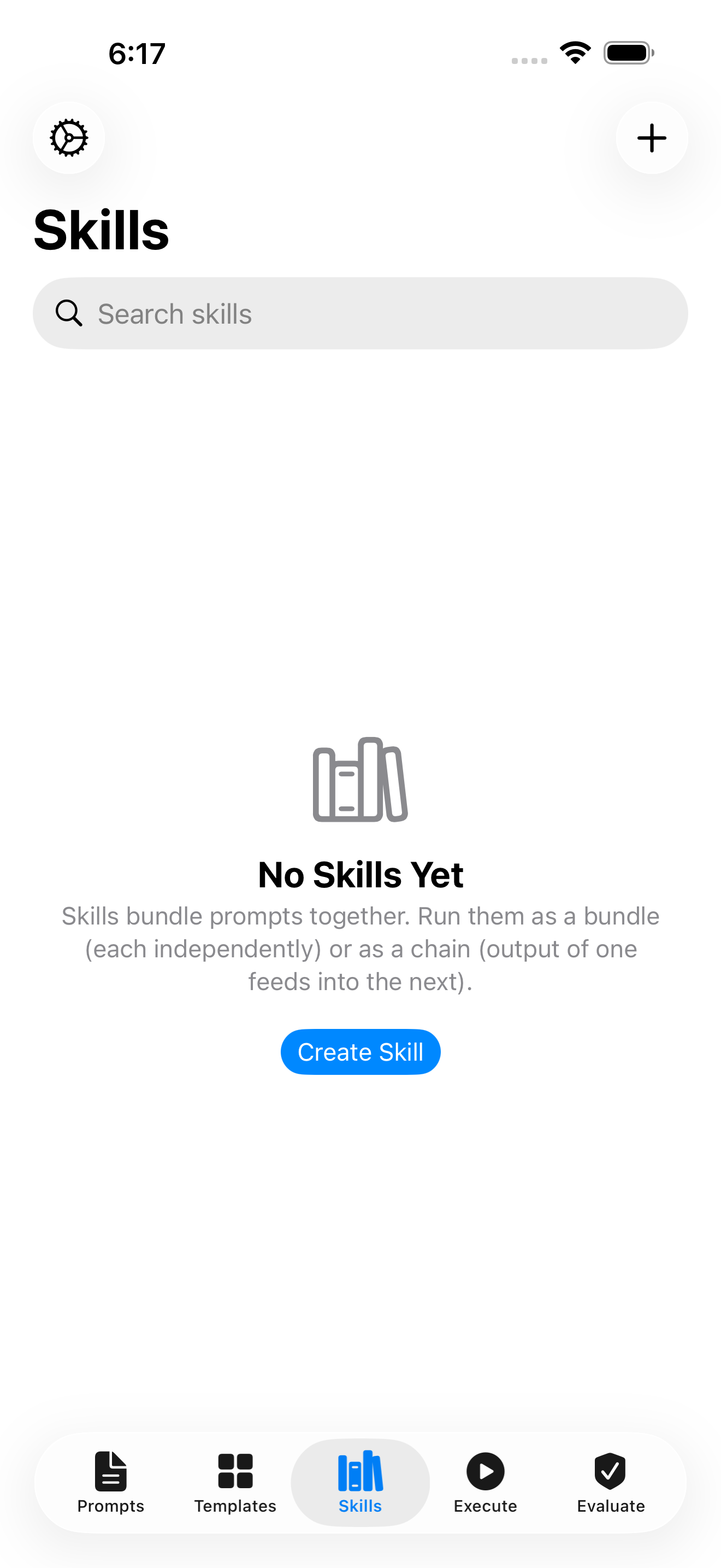 A Skill — an ordered chain of prompts — running step by step