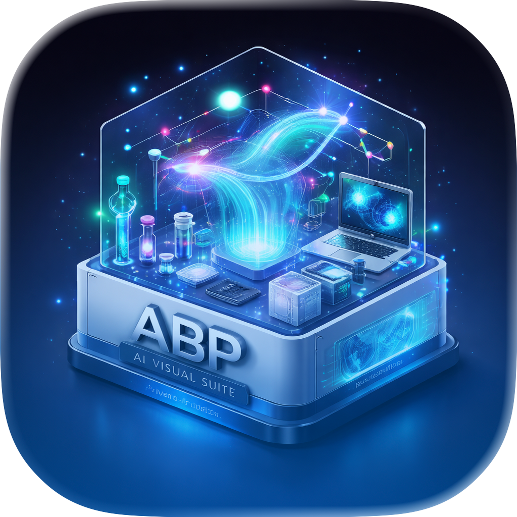A digital illustration of advanced artificial intelligence (AI) technology, featuring a holographic display with interconnected data points, laboratory equipment with glowing liquids, and a laptop, all set on a platform labeled 'ABP AI Visual Suite' in a futuristic style.