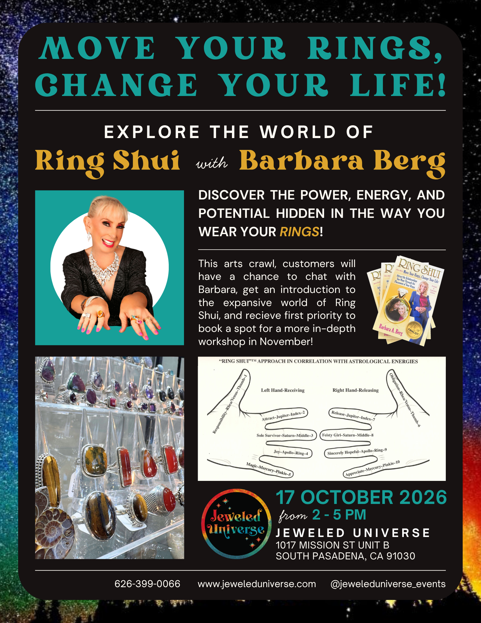Flyer for October 17th South Pasadena arts crawl advertising Barbara Berg hosting an introduction to Ring Shui