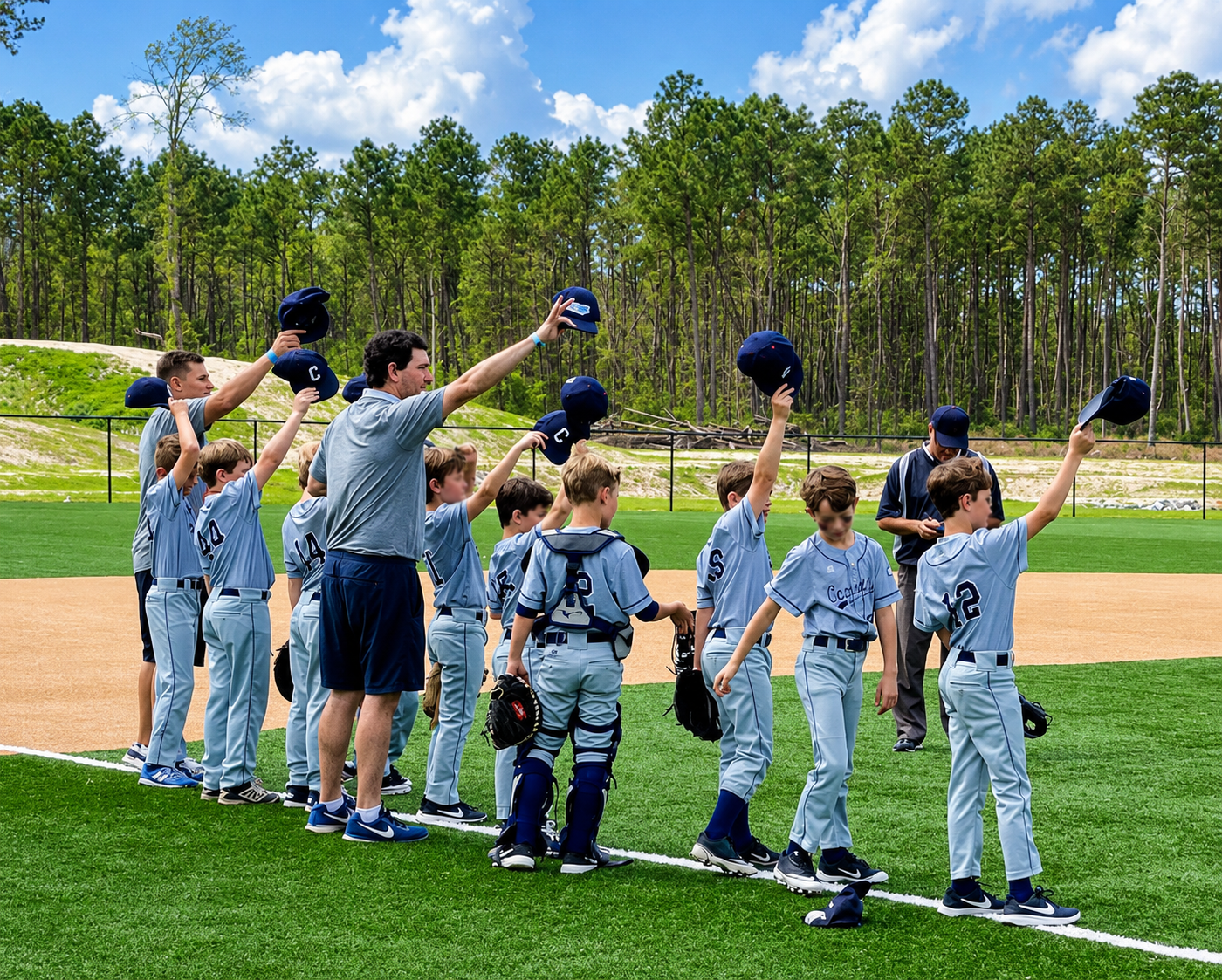 A group of young boys and coaches on a Carrolton baseball field during a team huddle, with some players holding caps in the air.