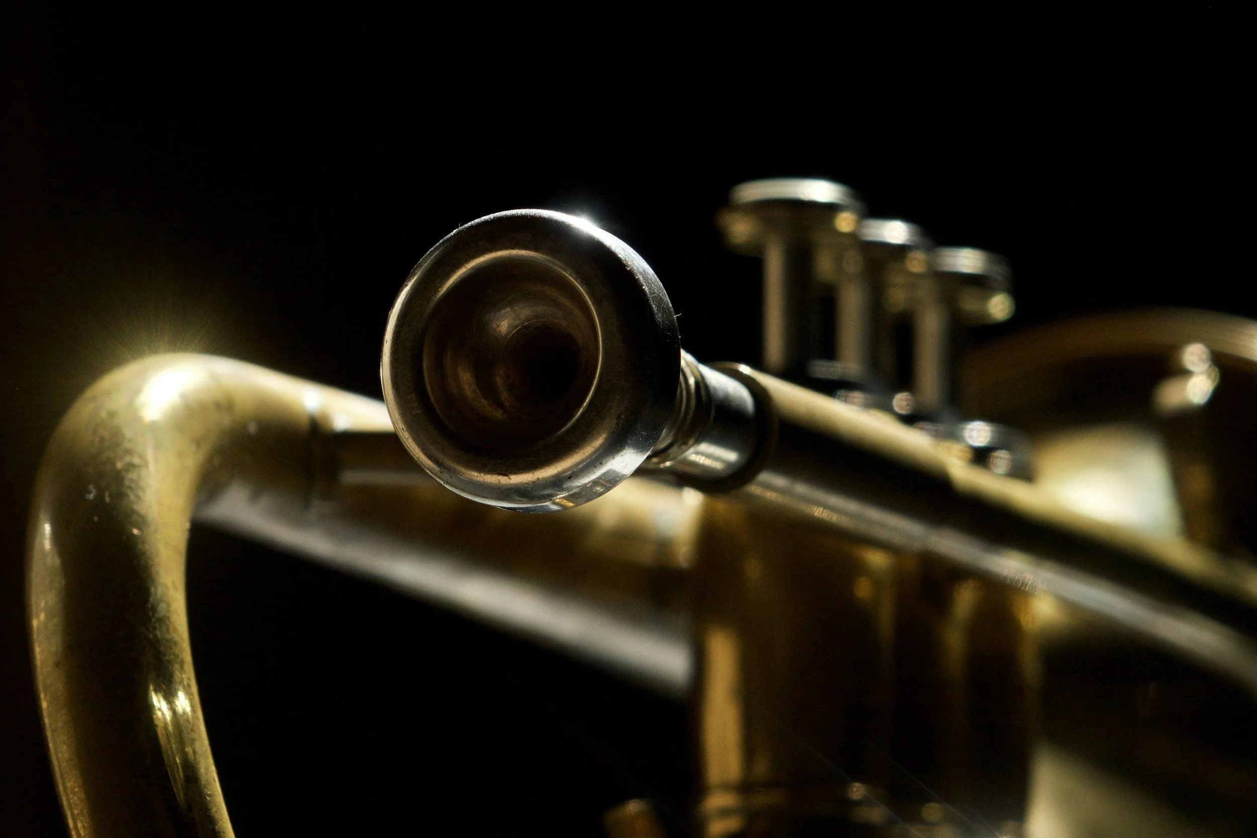Close-up of the bell of a brass instrument, possibly a trumpet, with a dark background and shiny metallic surface.