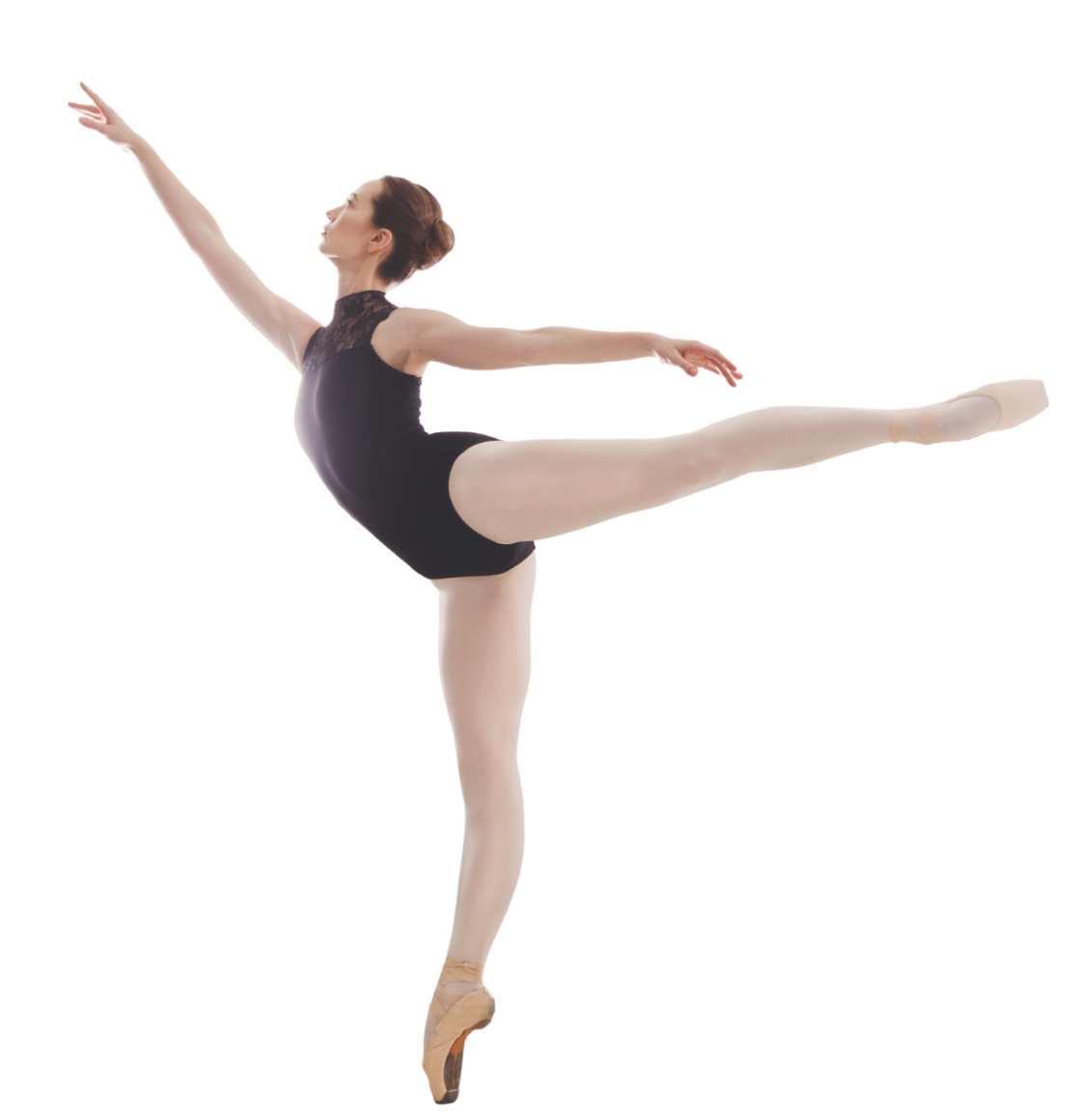 A ballet dancer in a black leotard performing an arabesque pose.