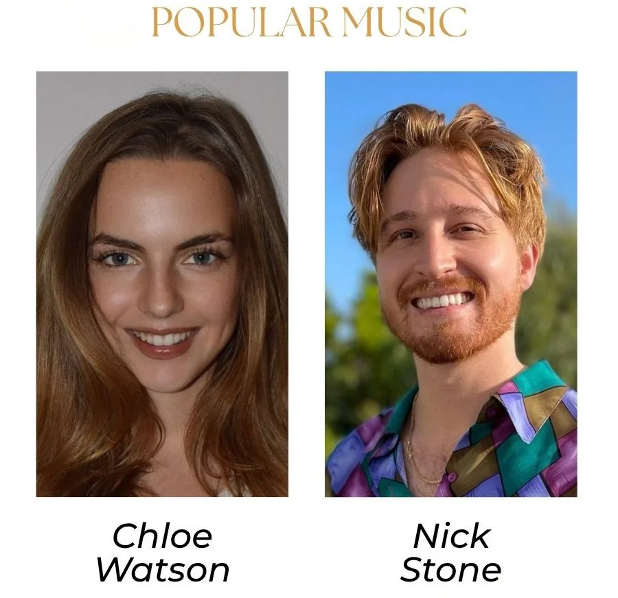 A collage of two people under the words "Popular Music." On the left is a woman with long, wavy reddish-brown hair, and on the right is a man with short, wavy red hair and a beard, wearing a multicolored shirt, smiling. Below each image are their names: Chloe Watson and Nick Stone.