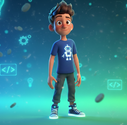 Animated boy with brown hair wearing a blue t-shirt with a robot graphic, jeans, and sneakers, standing in a digital/technology-themed environment with floating icons and gear symbols.