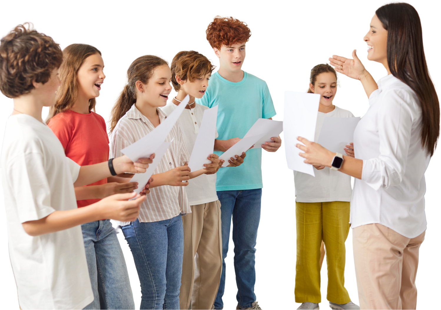 A teacher leading a group of children in singing or reading aloud, holding papers in a classroom or similar setting.