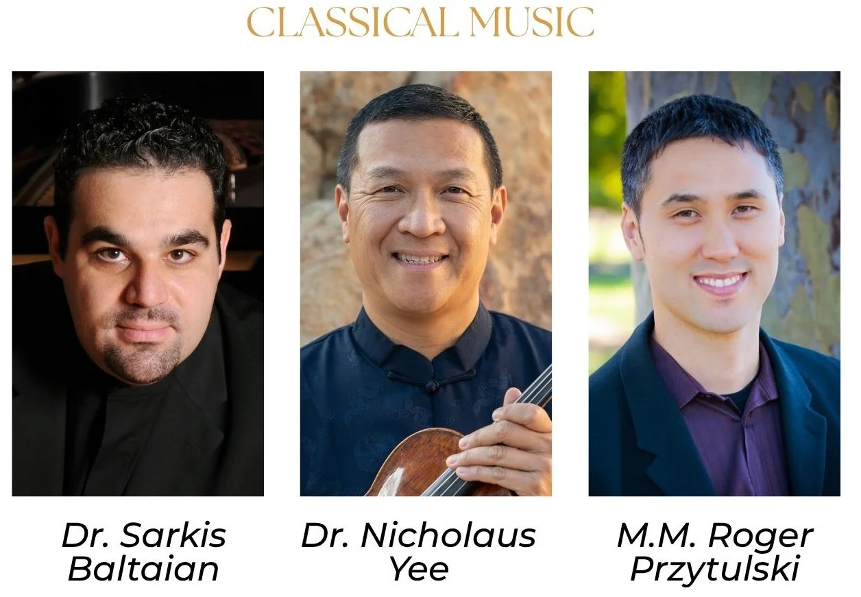 Portraits of three classical musicians with their names: Dr. Sarkis Baltaian, Dr. Nicholaus Yee holding a guitar, and M.M. Roger Przytulski, under a title "Classical Music."