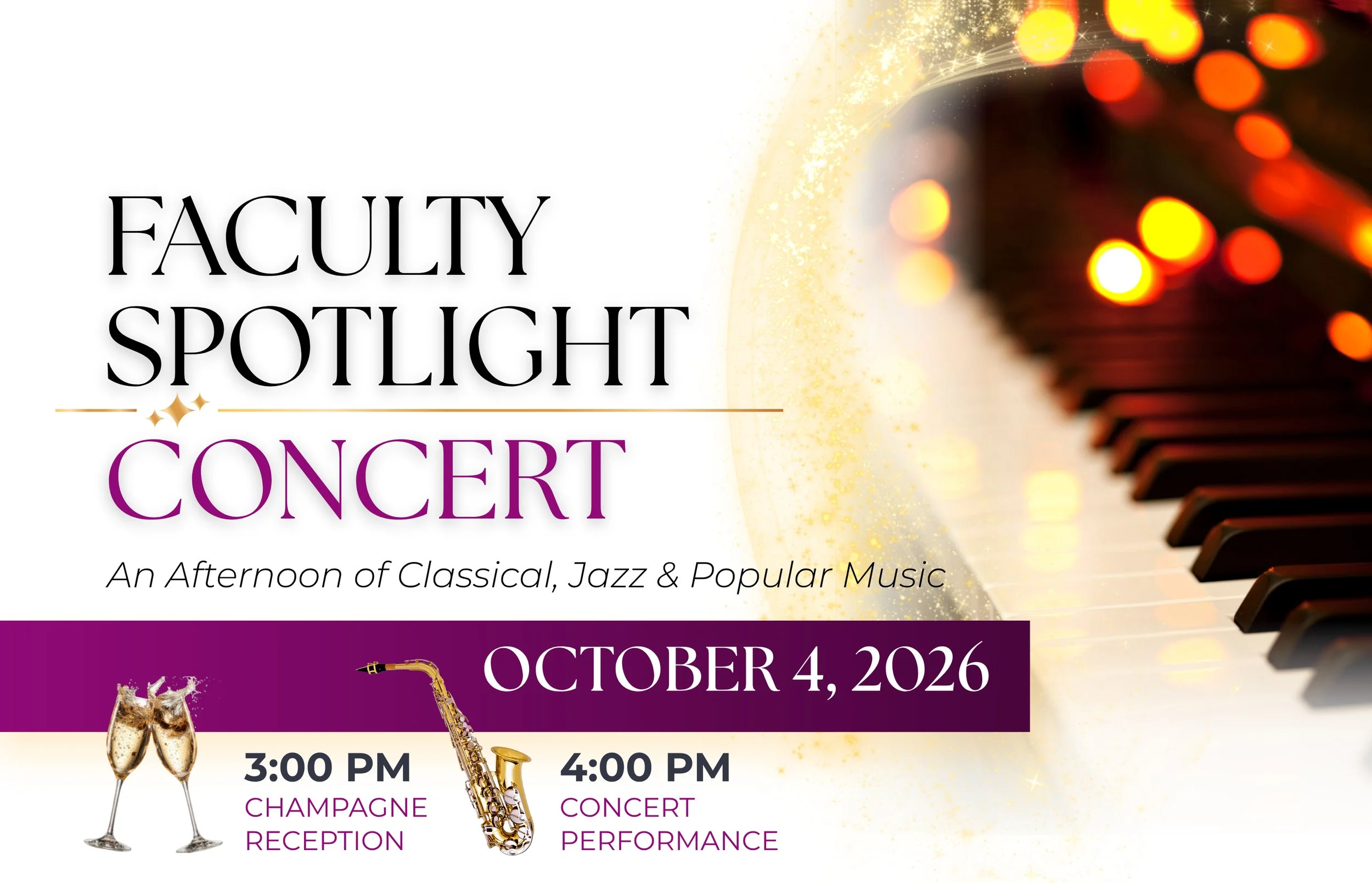 Festival poster for an afternoon of classical, jazz, and popular music on October 4, 2026, featuring champagne reception at 3:00 PM and concert performance at 4:00 PM, with decorative elements of a piano keyboard, sparkling lights, and musical instruments.