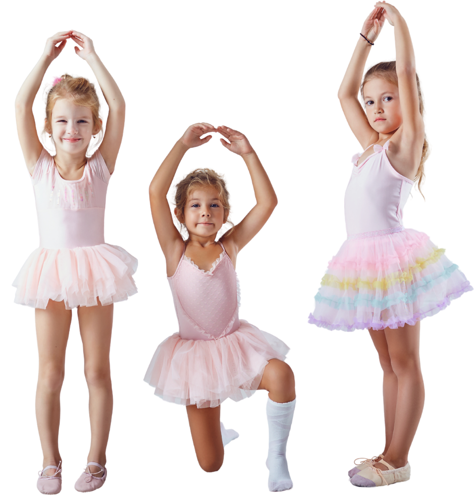 Three young girls dressed in ballet tutus practicing ballet poses with their hands raised above their heads.