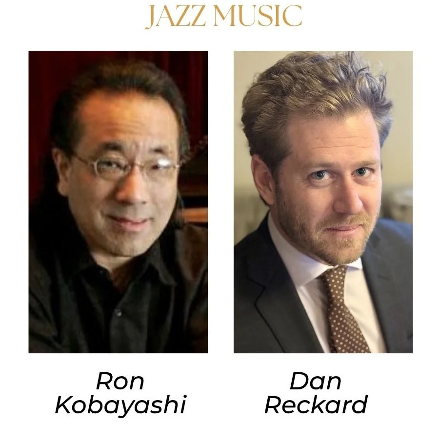 A promotional poster for jazz music featuring side-by-side headshots of Ron Kobayashi and Dan Reckard. Ron Kobayashi is on the left with glasses, wearing a black shirt, and smiling slightly. Dan Reckard is on the right with curly hair and a beard, wearing a suit and tie, looking at the camera. The title 'JAZZ MUSIC' is at the top in gold lettering.