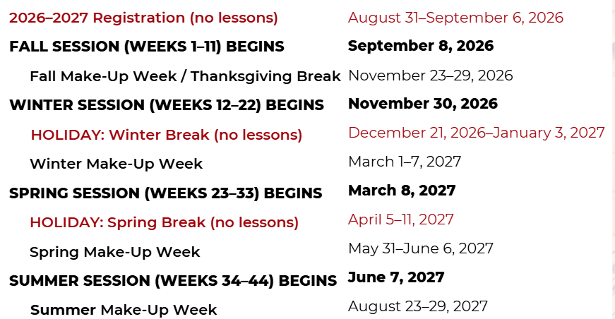 A schedule of class sessions and breaks for the year 2026-2027, listing dates for fall, winter, spring, and summer sessions, including holidays and makeup weeks.