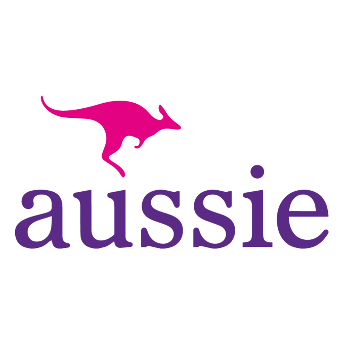 A pink silhouette of a jumping kangaroo above the word 'Aussie' in purple text.