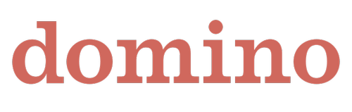 The word 'domino' in large pinkish-red lowercase letters on a black background.