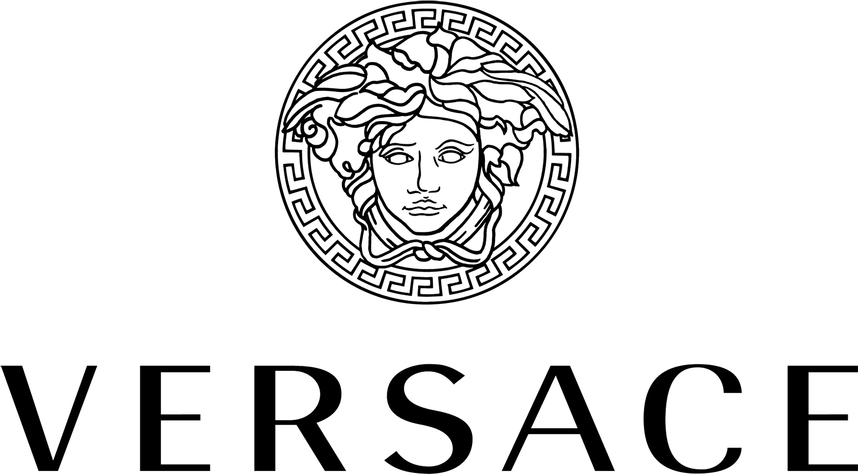 Black and white Versace logo featuring the head of Medusa inside a Greek key border, with the brand name 'VERSACE' below.