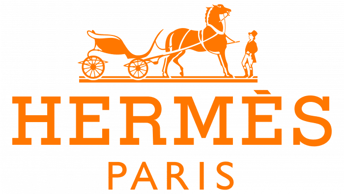 Hermes Paris logo featuring a horse pulling a carriage and a person walking beside it, all in orange on a black background.