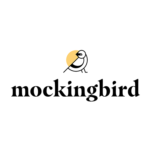 A black background with a stylized outline of a mockingbird above the text 'mockingbird' in lowercase letters.