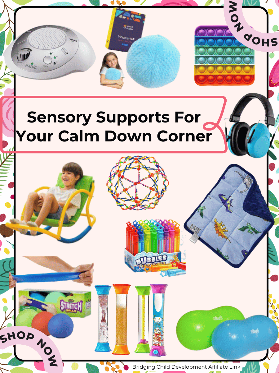 things to add in a calm down area.  Image of weighted blanket, head phones, rocking, stress ball, etc.