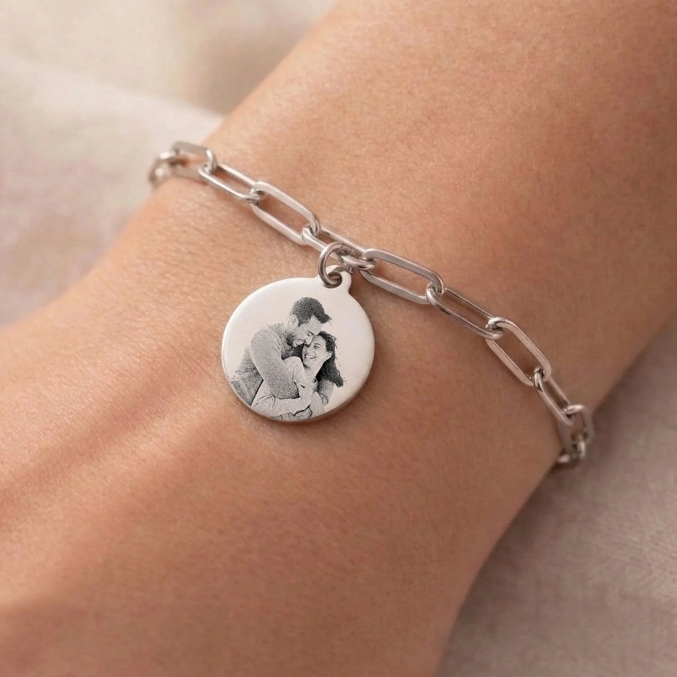 Silver Round Paperclip Photo Bracelet