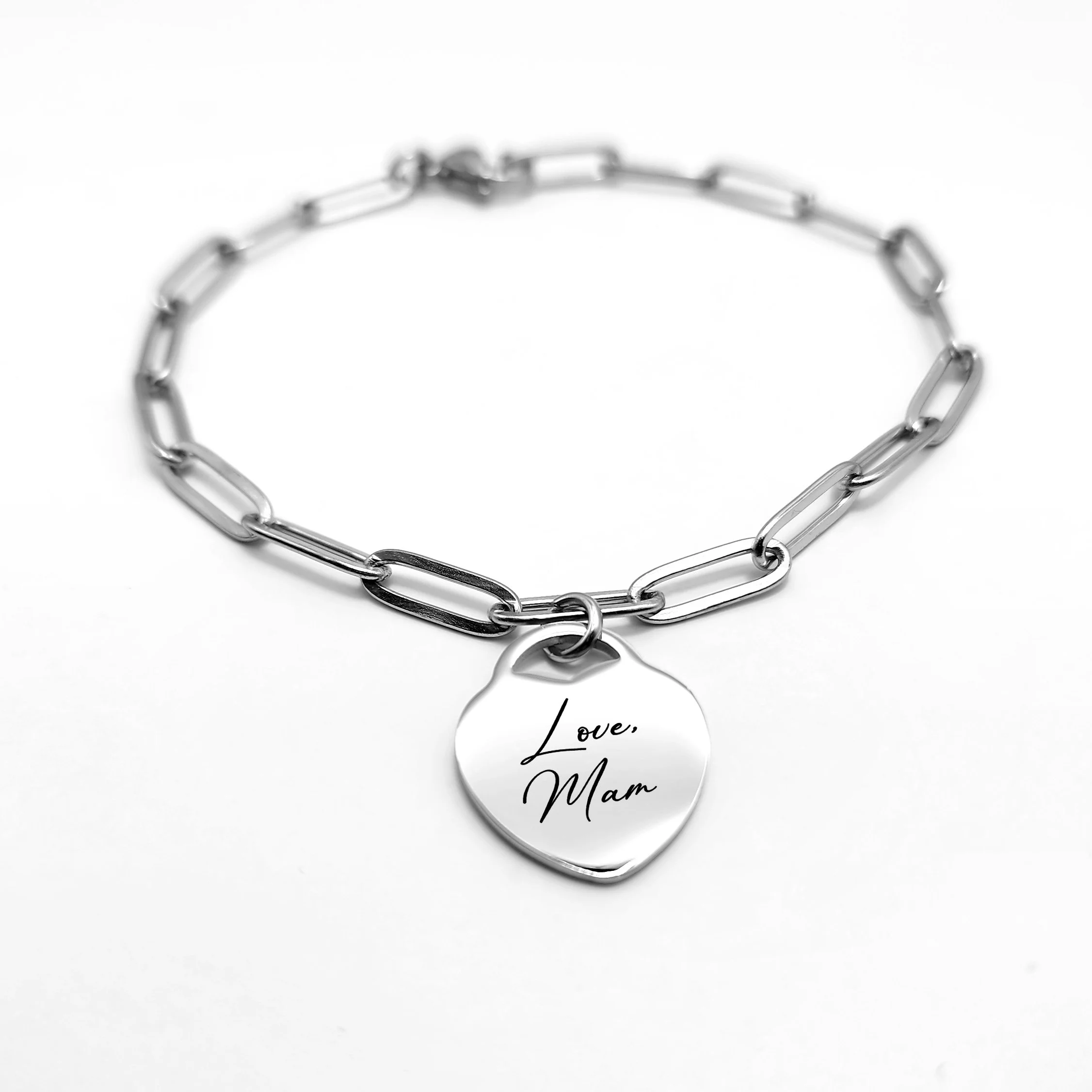 Silver Heart Handwriting Engraved Paperclip Chain Bracelet