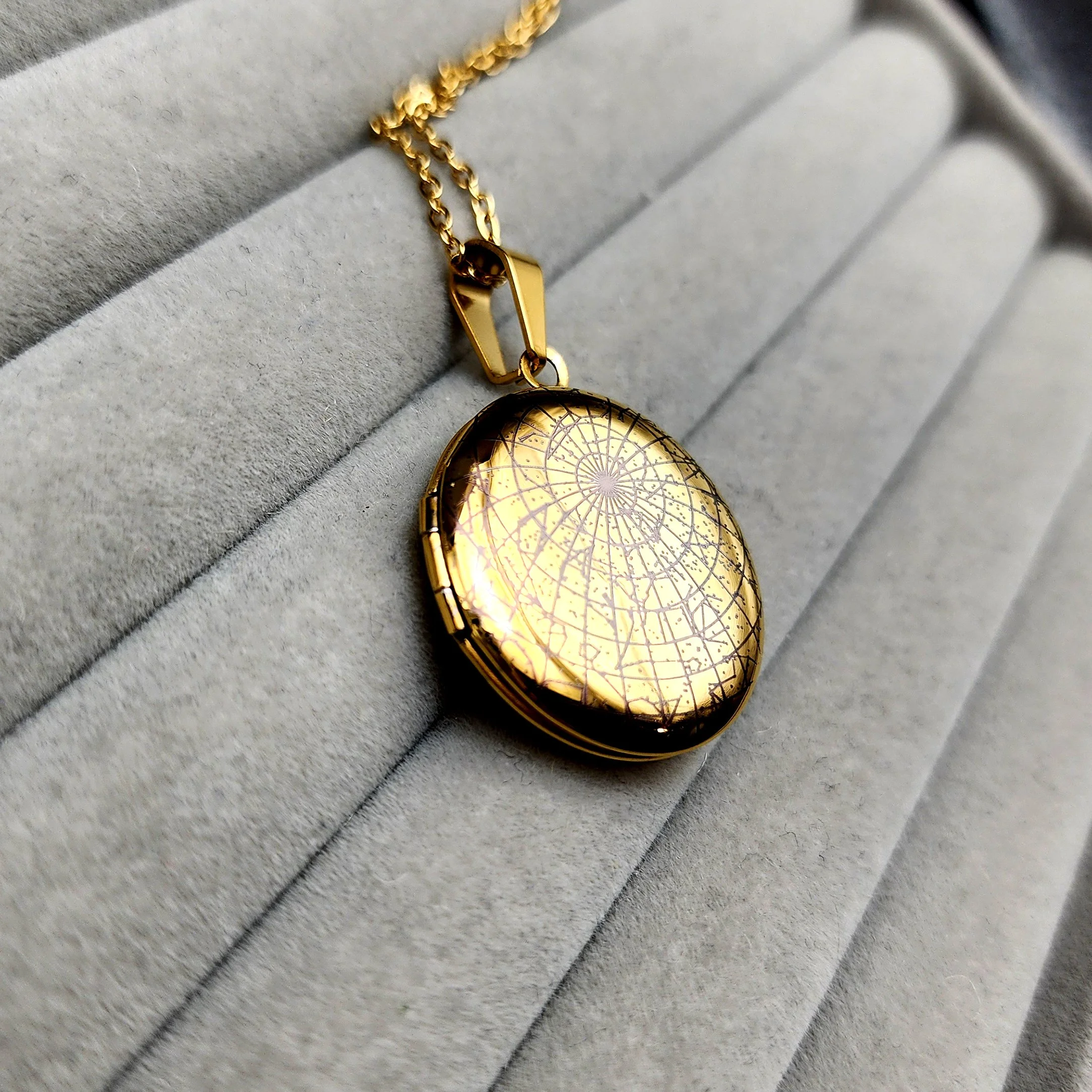 Personalised star map photo locket necklace with engraved message and space for two photos inside