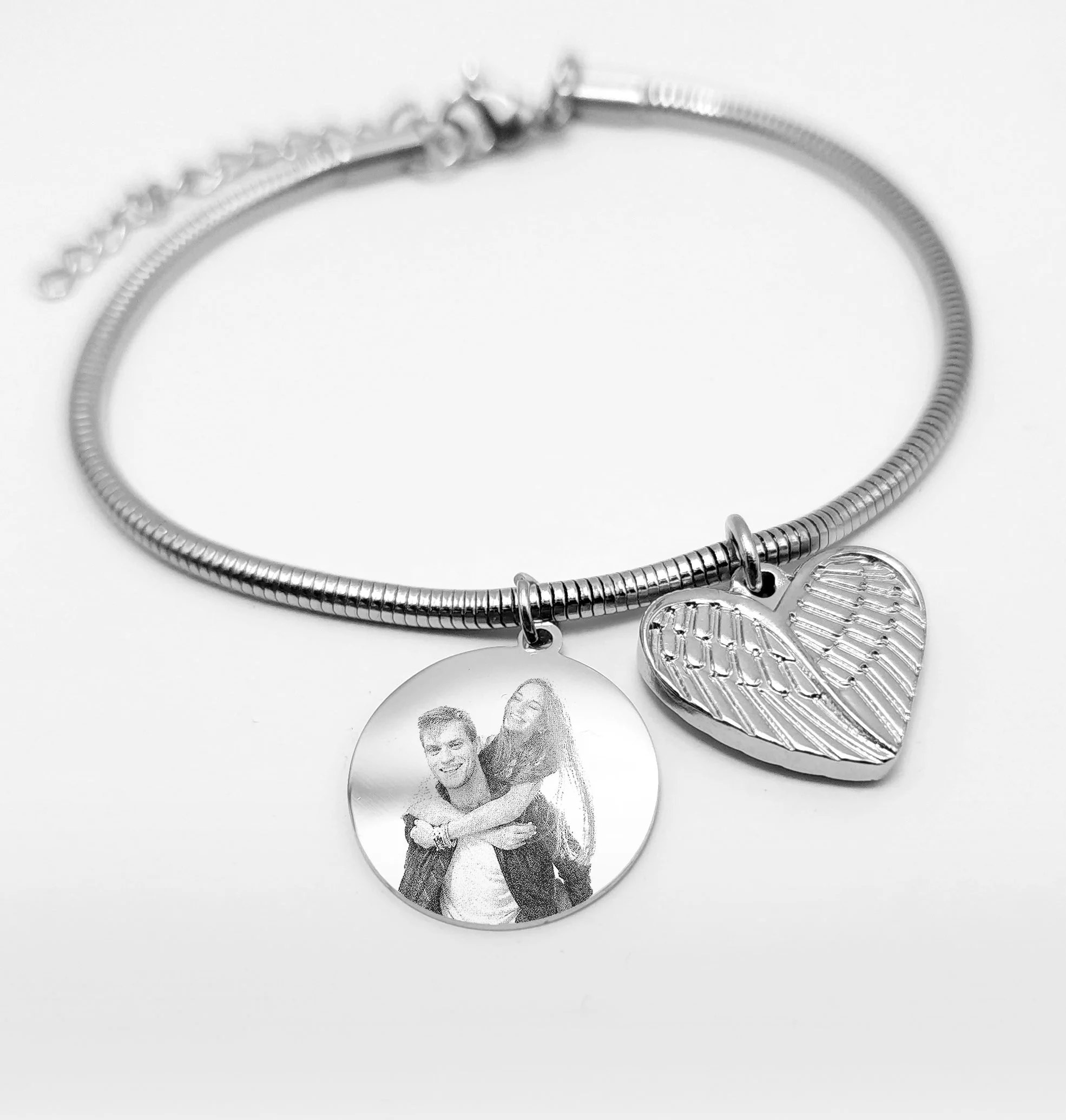 Silver Round Heart Wing Rope Photo Bracelet